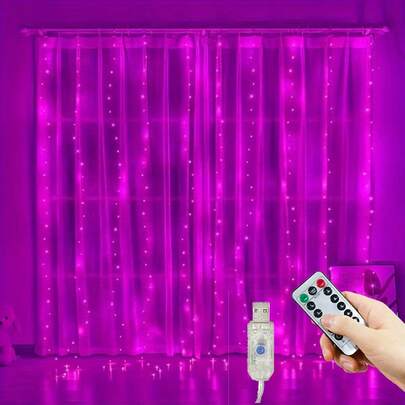 1pc USB Powered LED Curtain String Lights, 8 Lighting Modes, Indoor Holiday Lighting, Atmosphere Lamp For Wedding, Birthday Party, Bedroom, Window, Living Room, Wall Decor (Remote Control Without Battery)