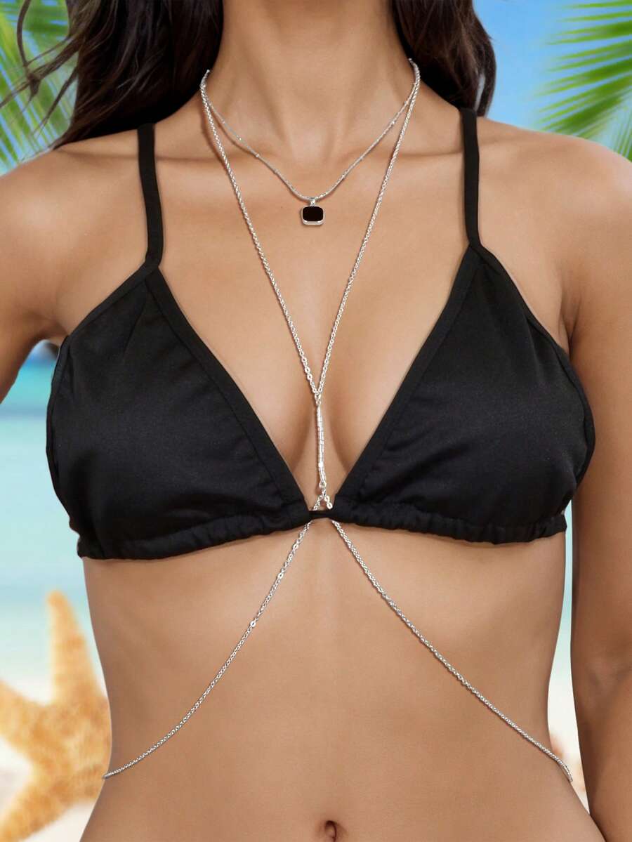 2 Pcs Sexy Silver Chain Black Geometric Pendant Necklace Summer Beach Crossover Bikini Body Chain Body Jewelry - Silver - View 1