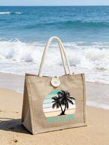 半件装亚麻手提包兼化妆包，日出图案，度假条纹椰树印花，四季皆宜，旅行包，充电器收纳包，休闲多功能手提包，大容量单肩包，女孩旅行必备包，男女通用拉链包，化妆品、化妆和旅行必备轻便接待包 - 彩色 - 查看 3