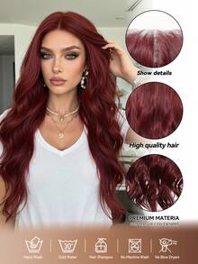 13x4 Lace Front Wig Burgundy Red Long Wavy Wig Natural Pre Plucked Hairline Heat Resistant Synthetic Wig For Daily Party 26inch - Burgundy - View 5