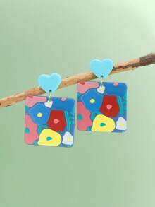 1 par de pendientes geométricos con forma de corazón, elegantes y lindos, adecuados para uso diario y combinar con atuendos - Multicolor - Ver 5