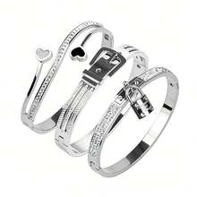 3pcs/1set Diamond Encrusted Double LOVE Link Stainless Steel Women Bracelet, Fashionable Roman Rope Style Wristband, Gift - Roman Set - View 5