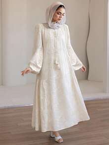 Livesso 女士刺绣100%纯棉流苏长连衣裙，带褶裥长裙 - 米色 - 查看 3