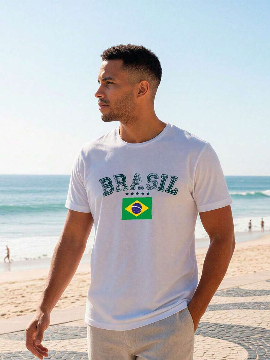 Men's T-Shirt Brazil Casual Streetwear Comfortable 100% Cotton Green Yellow Blue Carnival Summer World Cup - 白色 - 查看 1