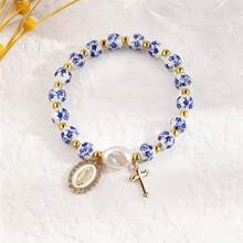 Vintage Cross Virgin Mary Pendant Bracelet Oval Portrait Tag Flower Pearl Bracelet Women's Jewelry - 01 古金 M-432 - 查看 5