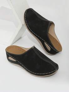 Women's New Round Toe Casual Slip-On Wedge Heel Loafers - Black - View 9