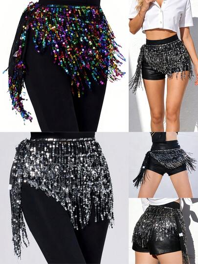 1pc Sequin Fringe Skirt Women Sexy Belly Skirts Adjustable Waist Straps Hip Scarf Wrap Skirt Carnival Rave Dance Performance Costume Suitable For Festivals, Parties, Nightclubs, Beach Wear, Exotic Clothing Decoration