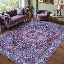 1PC Purple Floral Geometric Medallion Design Christmas Rug 5x7 Washable Area Rugs For Living Room Bedroom, Velvet Material Low-Pile Carpet Suitable For Indoor Outdoor High Traffic Areas,  Soft Texture , Home Decor Gift, Holiday Print Mat - 1PC - Xem 1