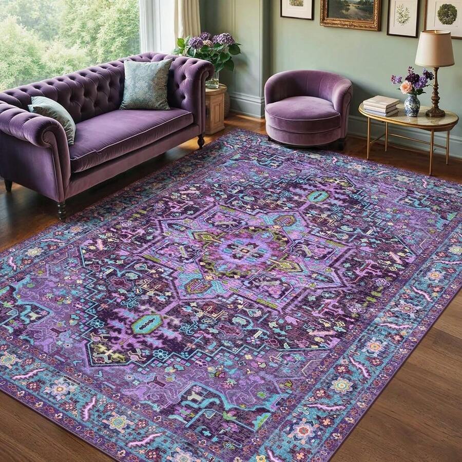 1PC Purple Floral Geometric Medallion Design Christmas Rug 5x7 Washable Area Rugs For Living Room Bedroom, Velvet Material Low-Pile Carpet Suitable For Indoor Outdoor High Traffic Areas,  Soft Texture , Home Decor Gift, Holiday Print Mat - 1PC - Xem 1