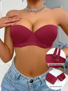 Women's Elegant Silky Strapless Padded Bra, Solid Color, Removable Straps, Suitable For Formal Occasions - Red - View 11