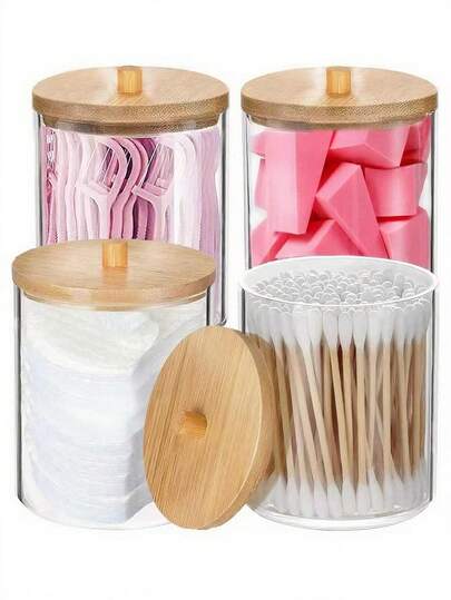 4/Pcs Qtip Bathroom Clear Plastic Storage Box For Swabs, Ball Pads, Round Pads, Dental Floss Picks - Small Clear Plastic Jar Medicine Bottle Set, Bathroom Essentials Accessories Decor, Dressing Table Makeup Storage Box