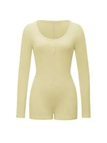 Bộ jumpsuit nữ Vaiaye cổ chữ V cài nút màu trơn tối giản - Jumpsuit ngắn tay dài ôm sát, phù hợp cho tập thể dục, thể thao ngoài trời gợi cảm đa năng, lễ tốt nghiệp, mùa tựu trường, jumpsuit dệt kim mùa thu/đông thanh lịch mùa xuân - Màu vàng - Xem 3