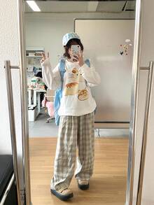 Soft Girl Style Bread Cat Print Long Sleeve T-Shirt For Women, Loose Fit Flattering White Undershirt - White - View 5