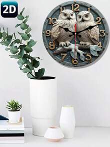 白色猫头鹰图案静音挂钟，圆形木质装饰钟，适用于客厅、卧室、办公室 - 电池供电（AA），理想礼物，创意家居装饰 - 彩色 - 查看 7