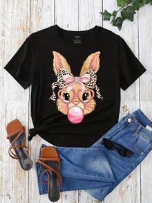 Cute Bunny With Leopard Bow And Pink Glasses Graphic T-Shirt For Women, Oversized Crewneck Tees Casual Wear, Spring Cotton Tops Short Sleeve, Summer Basic Tees, Funny Clothes For Women - 黑色 - 查看 2