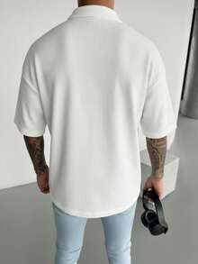 GRDR 1件简约纯色短袖拉链Polo衫，男士休闲上衣 - 白色 - 查看 6