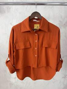 Marrant Women's Set | Three-Quarter Sleeve Shirt And Skort | Faux Pockets | With Belt - Màu Cam cháy - Xem 3