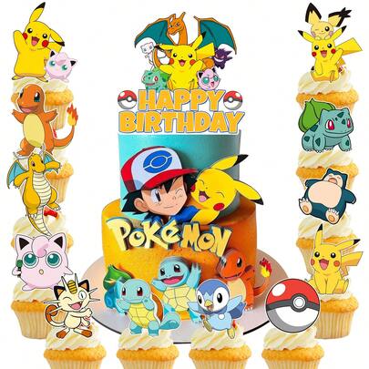 25pcs Pokemon Cake Decorating Set! Includes Large Birthday Cake Decor And Cupcake Decor - Perfect Anime Character Themed Supplies For Pokemon Birthday Party Decorations And Fan Celebrations!
