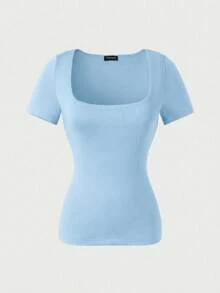 Casual Elegant Short Sleeve Crew Neck Top, Suitable For Daily Wear, Commuting, Going Out, Spring/Summer - Blue - View 6
