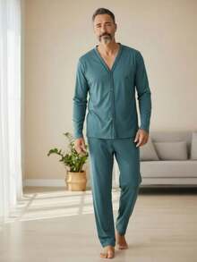 Men's Open Button Pajamas With Long Sleeves And Long Pants For Winter Post-Surgical Use In Knit Fabric - Green - View 1