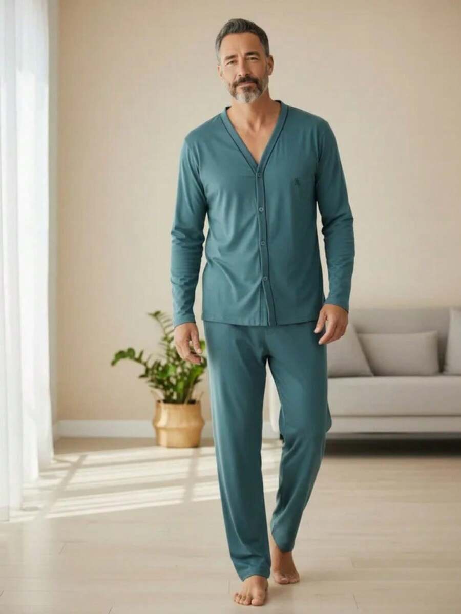 Men's Open Button Pajamas With Long Sleeves And Long Pants For Winter Post-Surgical Use In Knit Fabric - Green - View 1