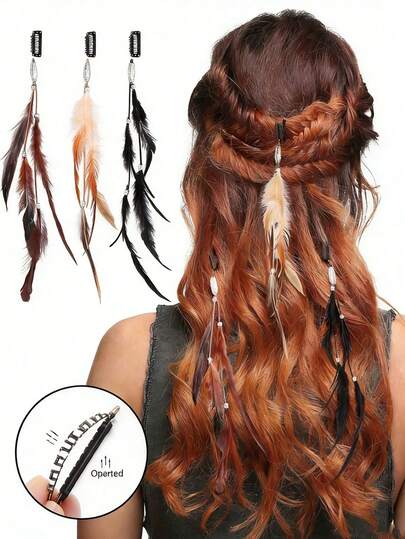 人造羽毛波西米亚风流苏发夹，复古羽毛发夹，流苏长发圈，波西米亚海滩度假发饰，异域风情，适合女性日常佩戴，发饰，发夹，度假用品