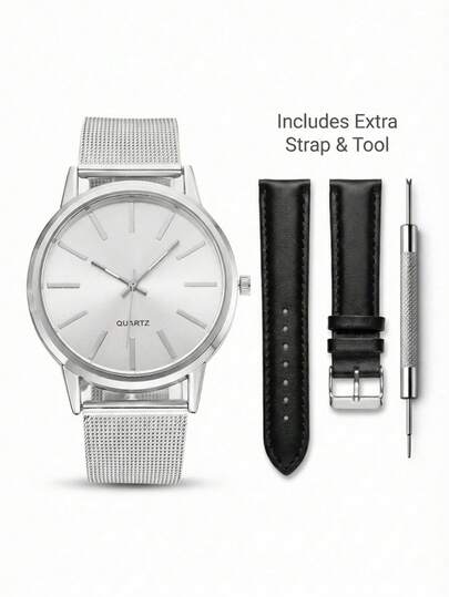 1PC Unisex Silver Dial Quartz Watches For Men Women, Fashion Business Style Wristwatches For Men Women With Silver Metal Mesh Strap & Black Leather Strap + Strap Replacement Tool, Suitable For Daily Commute, Business, Casual Occasions As Birthday Gifts, Valentine's Day Gifts, Mother's Day Gifts
