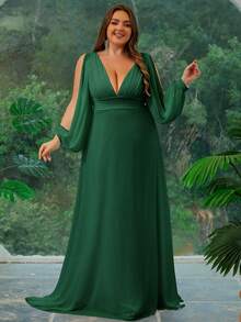 Women Plus Size Solid Color Elegant Vintage Mature Party Chiffon Ruched Waist Bridesmaid Dress - Dark Green - View 4