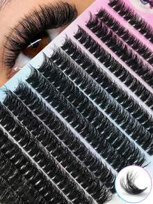 280片80D混合簇状假睫毛，0.07毫米粗，D卷度，长度8毫米-16毫米混合，自然风格，俄罗斯扁平浓密蓬松手工貂毛假睫毛簇，适用于万圣节戏剧妆容、节日妆容、圣诞节妆容，新手必备假睫毛簇，假睫毛簇，单根假睫毛，假睫毛，假睫毛 - D - 查看 3