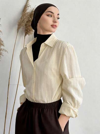 Livesso 女士条纹长袖休闲商务衬衫，秋季，长袖上衣，秋季女装