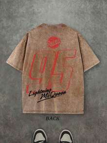 Disney UNIHLO Lightning Mcqueen Printed Summer Heavyweight Retro Washed Street Fashion Casual T-Shirt - Màu nâu  Mocha - Xem 3