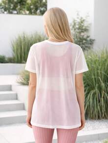 Tulle Gym Blouse With Short Sleeves And Overlay - Sapphire - White - View 2