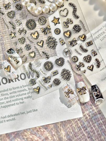 Gold And Silver Heart-Shaped Nail Stickers, Retro Camellia And Butterfly Pattern Nail Decals, Waterproof Self-Adhesive Nail Decorations.