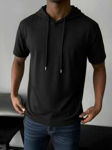 GRDR Tricou sport casual pentru bărbați, cu glugă, mânecă scurtă, culoare solidă minimalistă la modă, mânecă scurtă, potrivit pentru alergare și purtare zilnică - Negru - Vizualizare 2