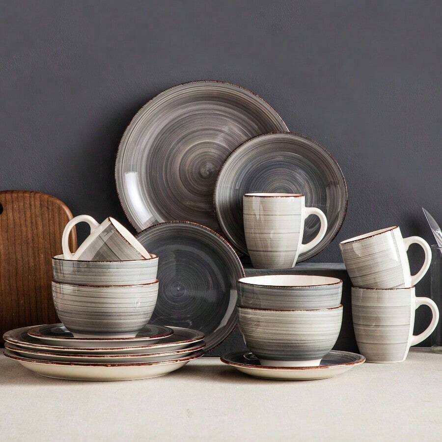 16pcs Hand-Painted Stoneware Dinnerware Set For Four, Including Dinner Plates, Dessert Plates, Cereal Bowls, And Mugs In Grey. - Grey 16pc - View 1