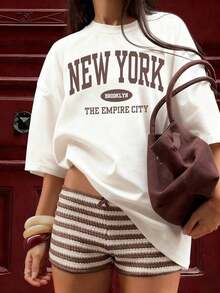 Camiseta de manga corta para mujer, de verano, con estampado de letras, cuello redondo, holgada y casual, adecuada para uso diario, informal y a la moda. Disponible en blanco, negro y rosa, con patrones temáticos de vacaciones también disponibles. 100% algodón. - Blanco - Ver 6