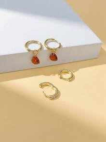 4 件/套 18K 镀金不锈钢耳环配红色方晶锆石心形吊坠，铜微镶嵌镀金圆形耳环套装，适合女士，优雅时尚，日常佩戴混搭，情人节礼物，情人节，妈妈，母亲，母亲节，礼物 - 紅色 - 查看 7