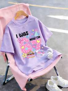 Tween Girl "I WAS 6, NOW I'M 7" Creative 6-7 Birthday Element Print, Suitable As Birthday Gift Clothing For Girls, Suitable For Activity Matching, Daily Wear, Birthday Party Celebration, Fashionable Summer Top For Girls - Mauve Purple - View 5