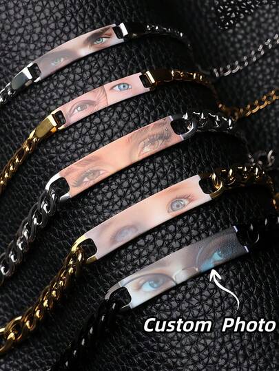 1 pieza Pulsera personalizada con ojo y nombre, pulsera de pareja de acero inoxidable personalizada, pulsera con ojo y nombre grabados, pulsera de placa curva personalizada de moda, regalo del Día de San Valentín, regalo único con foto para pareja, familia, amigos, regalo del Día de San Valentín personalizado unisex