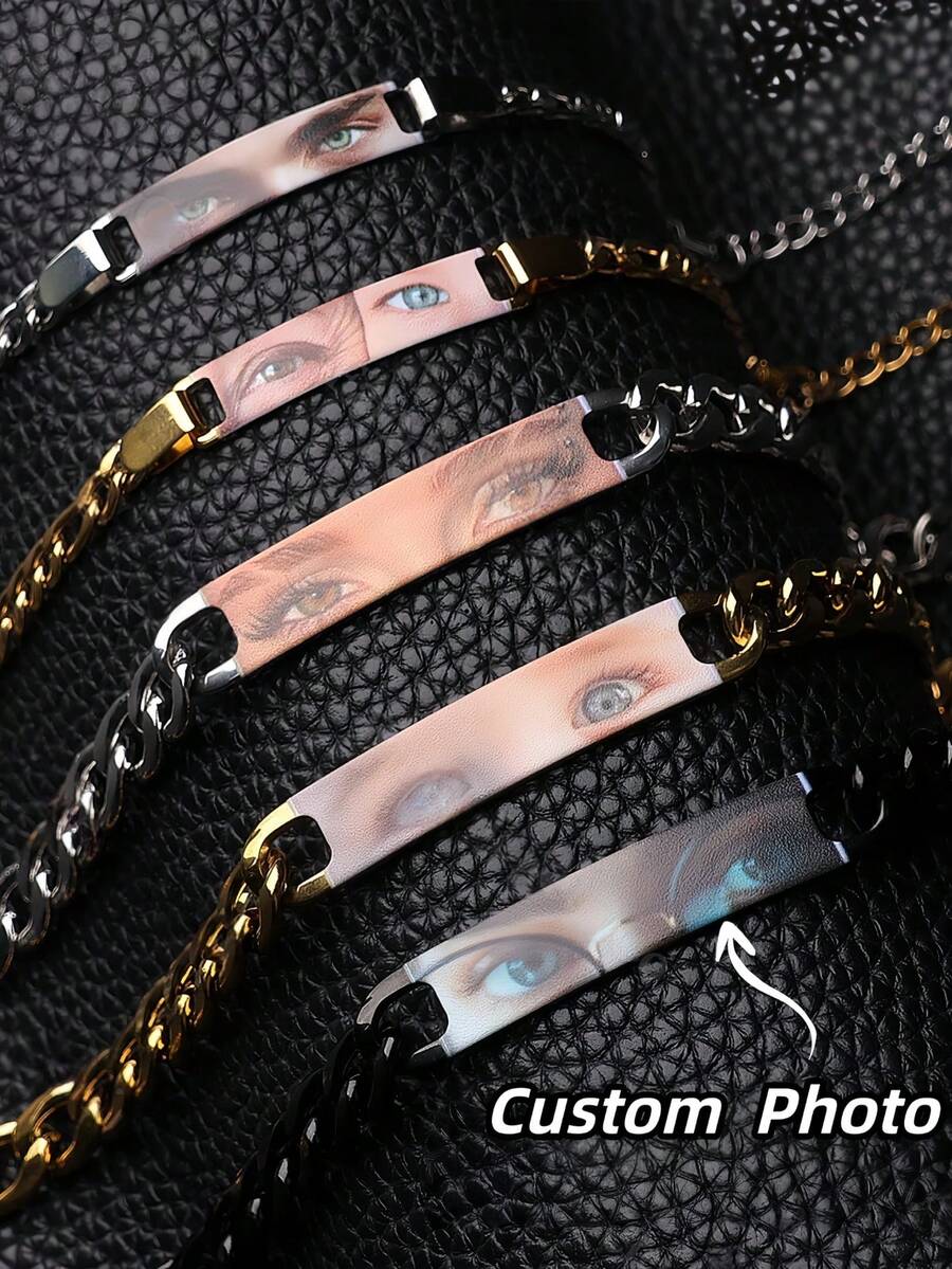 1pc Customized Eye Name Bracelet, Personalized Stainless Steel Couple Bracelet, Engraved Eye & Name Bracelet, Personalized Fashion Curved Plate Bracelet, Valentine's Day Gift, Unique Photo Gift For Partner, Family, Friends, Unisex Customized Valentine's Day Gift - Color-printed Eye Bracelet - View 1