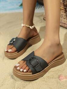 Women's New Solid Beige Buckle Thick Sole Slip-On Sandals, Casual Vacation Beach Style, Spring/Summer, Brown Fashion Versatile Sandals - Black - View 3