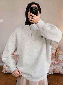 Livesso Women's Loose Fit Pullover Sweatshirt With Collar & Embroidery Pattern,Long Sleeve Tops,Fall Clothes - Grey - View 3