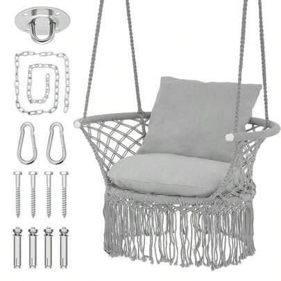 Macrame Hanging Swing Chair, Boho Style Cotton Rope Hammock Chair W/Tassels Max 350 Lbs For Bedroom, Living Room, Porch, Balcony
