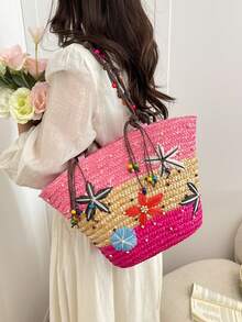 Dedoo 这款春夏时尚海洋风手提包，饰以色彩缤纷的3D立体花卉图案和串珠饰品，散发着波西米亚风情。这款充满度假气息的编织手提包容量大、实用又时尚，是旅行、休闲和海滩漫步的理想之选。 - 彩色 - 查看 5