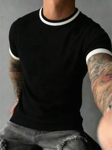 GRDR Men's Striped Crew Neck Knit Short Sleeve - Fashionable Versatile Casual Minimalist T-Shirt - Black - View 2