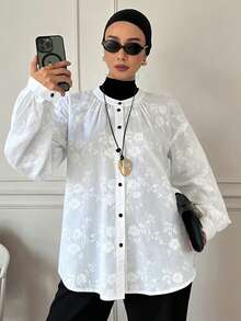 Livesso Women's Embroidered 100% Cotton Loose Fit Contrast Button Shirt - Beige - View 3