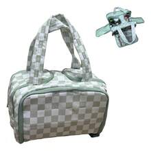 Checkered Toiletry Bag For Women,Large Capacity Waterproof Makeup Bag,Multi-Partitions Plaid Cosmetic Organizer,Wide-Open Travel Handbag - 綠色 - 查看 5