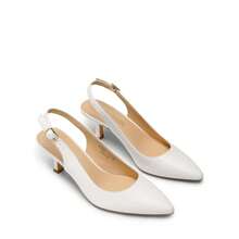 Women's Kitten Heel Point Toe Buckle Decor Slingback Stiletto Low Heels Dress Bridal Elegant  Solid Color Wedding Pumps Shoes - trắng - Xem 5