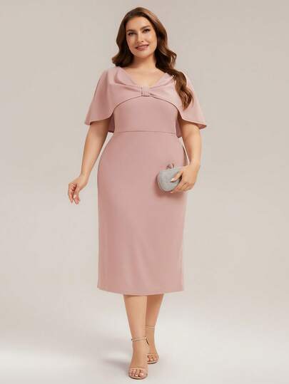 Plus Size Elegant Minimalist Batwing Sleeve V-Neck Fitted Midi Dress Pink Bridesmaid Dress Spring Summer Wedding Guest For Party