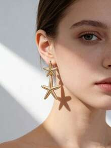时尚海星造型耳环，金属质感，奢华感十足，独特设计，夸张吸睛。 - 金色 - 查看 4